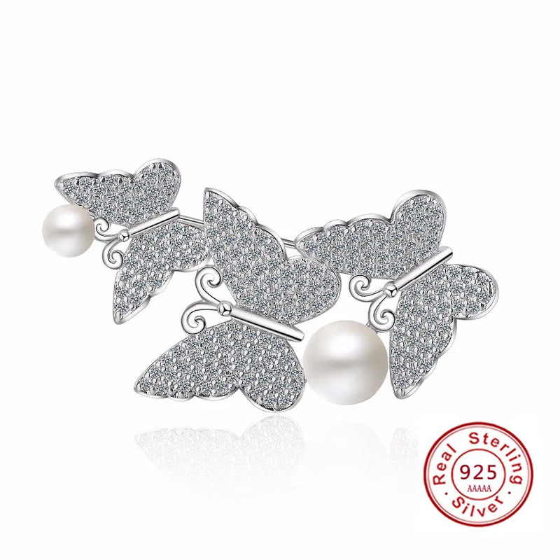 Butterfly Pearl CZ Crystal 925 Sterling Silver Brooches for Women