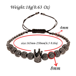 CZ King Crown Charm Copper Bead Macrame Bracelet Set