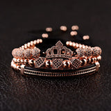 CZ King Crown Charm Copper Bead Macrame Bracelet Set