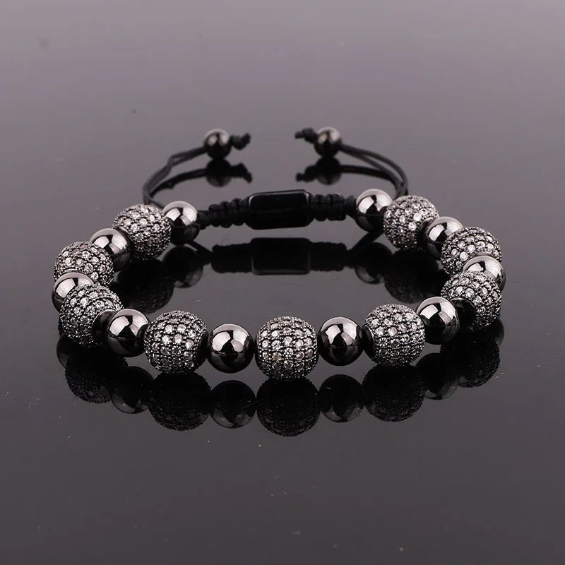 CZ Pave Ball Charm Macrame Adjustable Bracelet Men Women Jewelry