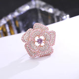 Camellia Flower Brooches Shining Cubic Zirconia Pink Flowers Brooch Pin Plated