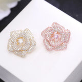 Camellia Flower Brooches Shining Cubic Zirconia Pink Flowers Brooch Pin Plated