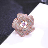 Camellia Flower Brooches Shining Cubic Zirconia Pink Flowers Brooch Pin Plated