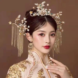 Chinese Wedding Bride Crown Pearl Tiara Headband Wedding Headpiece