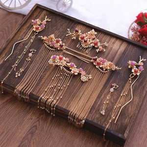 Chinese Hair Stick Comb Earrings Bridal Tiara Set