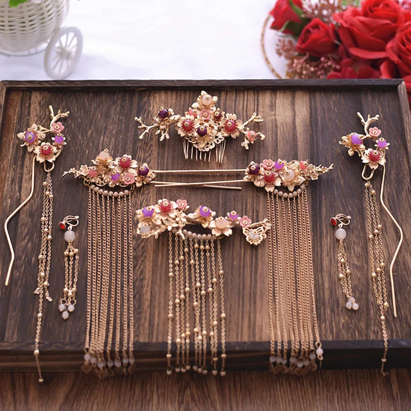 Chinese Hair Stick Comb Earrings Bridal Tiara Set