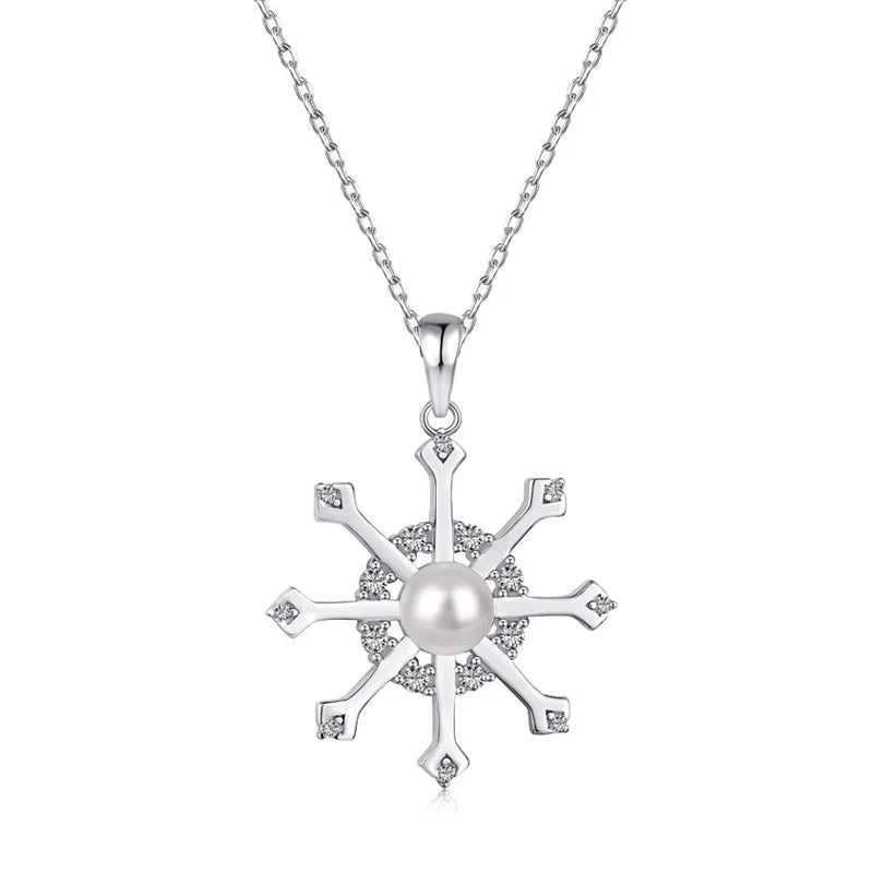 925 Sterling Silver Zircon Pearl Snowflake Necklace