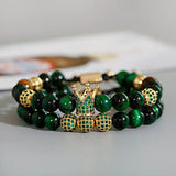 Crown CZ Zircon Pave Weaving Bracelet Red Tiger Eye Stone Beads