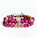 Crown CZ Zircon Pave Weaving Bracelet Red Tiger Eye Stone Beads