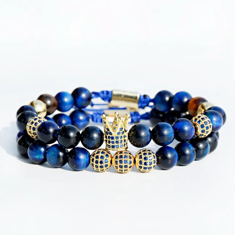 Crown CZ Zircon Pave Weaving Bracelet Red Tiger Eye Stone Beads