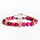 Crown CZ Zircon Pave Weaving Bracelet Red Tiger Eye Stone Beads