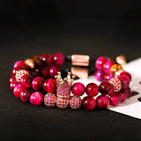 Crown CZ Zircon Pave Weaving Bracelet Red Tiger Eye Stone Beads