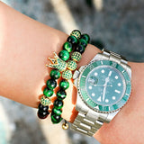 Crown CZ Zircon Pave Weaving Bracelet Red Tiger Eye Stone Beads