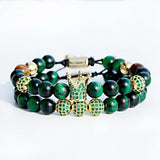 Crown CZ Zircon Pave Weaving Bracelet Red Tiger Eye Stone Beads