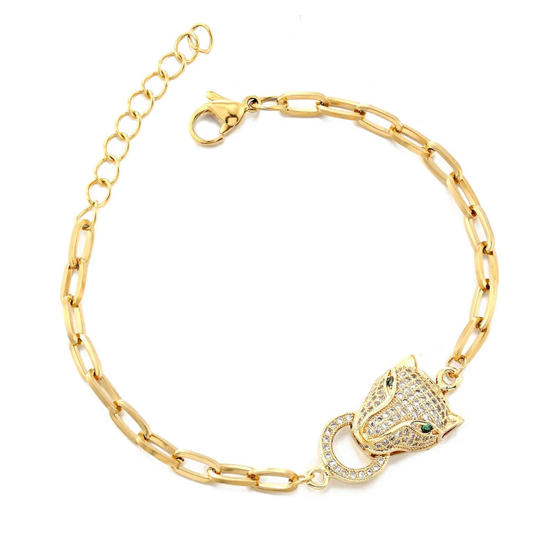Leopard Head Zircon Bracelet Stainless Steel Hip Hop Chain Bracelet