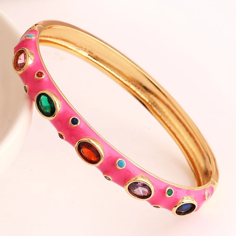 Colorful Enamel Bangles Bracelets Party Gift Rainbow Zircon CZ Bangles