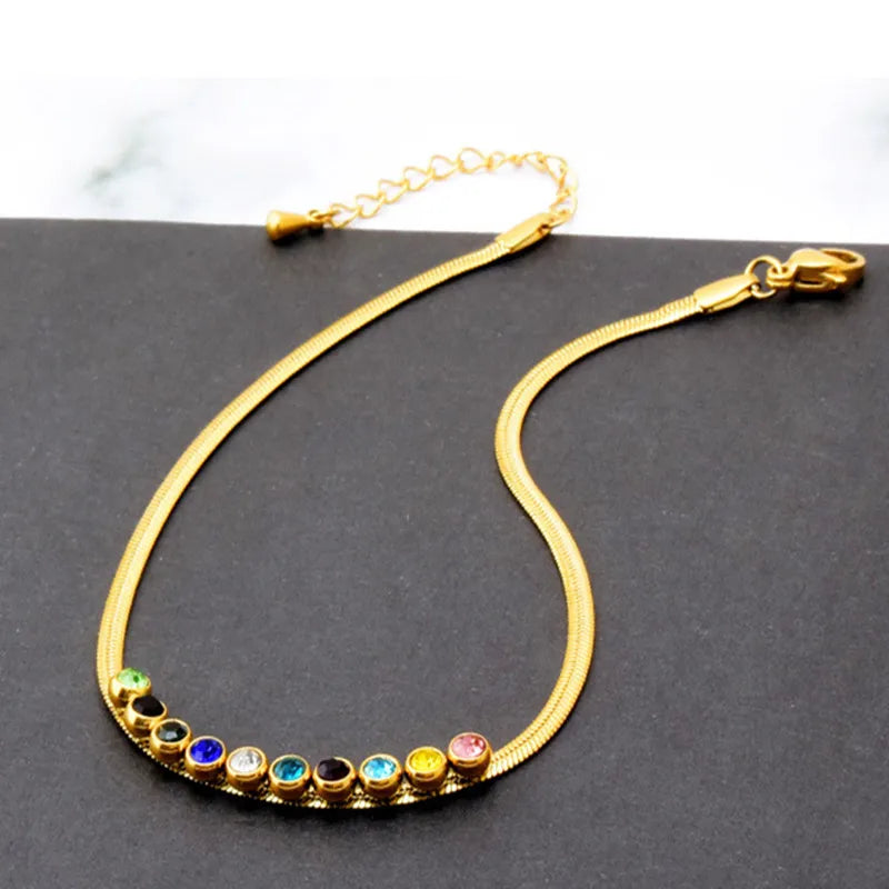 Colorful Gems Anklet Flat Chain Rhinestone Stainless Steel Z275