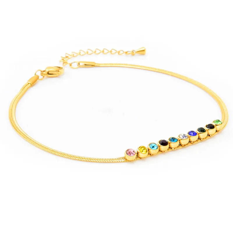Colorful Gems Anklet Flat Chain Rhinestone Stainless Steel Z275