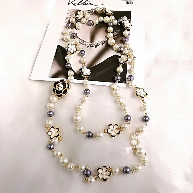 Colorful Pearl Pendant Letter Flower Women High Necklace Jewelry