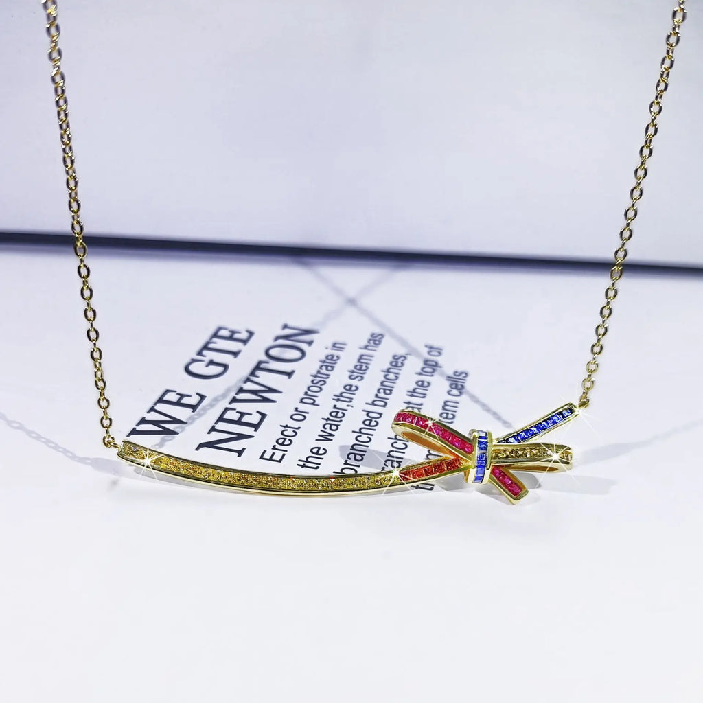 Colorful Zircon Smile Necklace Bow Decoration Ladies Pendant Necklace 925 Silver