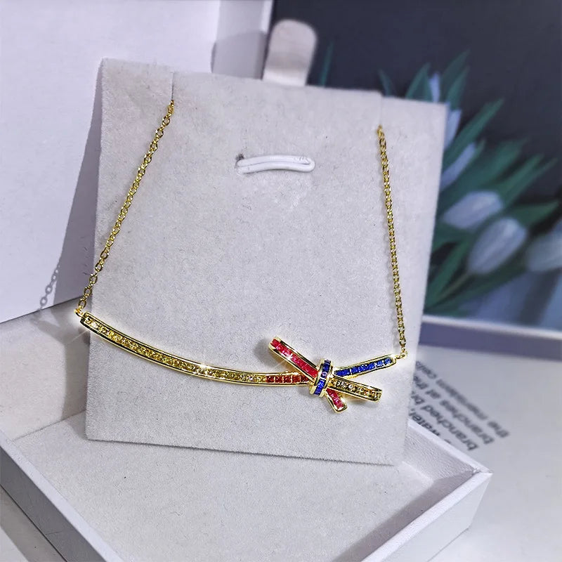 Colorful Zircon Smile Necklace Bow Decoration Ladies Pendant Necklace 925 Silver