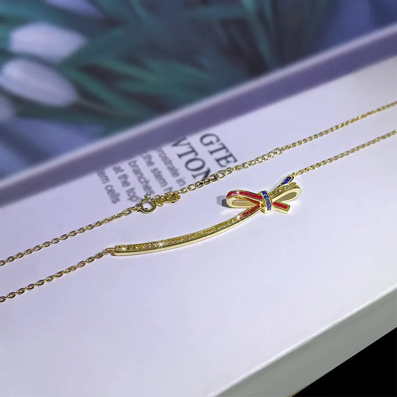 Colorful Zircon Smile Necklace Bow Decoration Ladies Pendant Necklace 925 Silver
