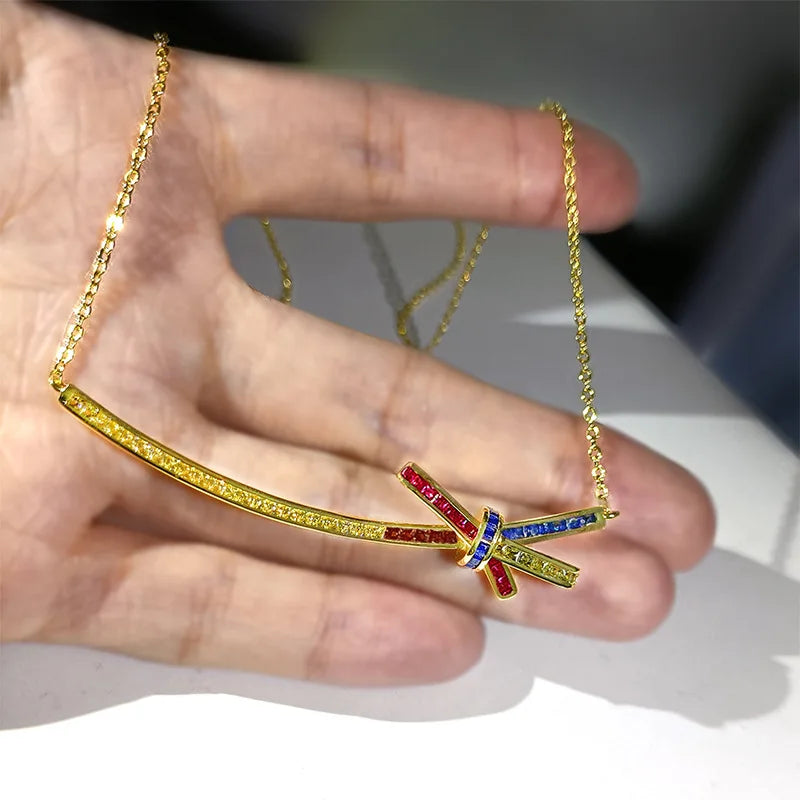 Colorful Zircon Smile Necklace Bow Decoration Ladies Pendant Necklace 925 Silver
