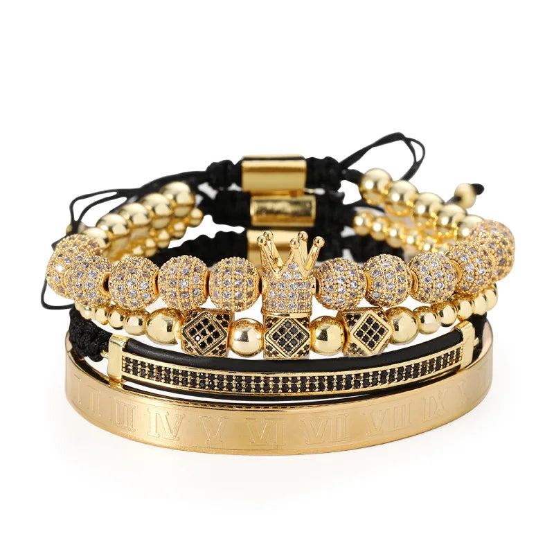Copper Beads King Crown Men 4pcs/Set Bracelet Stainless Steel Bangle CZ Ball