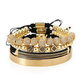 Copper Beads King Crown Men 4pcs/Set Bracelet Stainless Steel Bangle CZ Ball