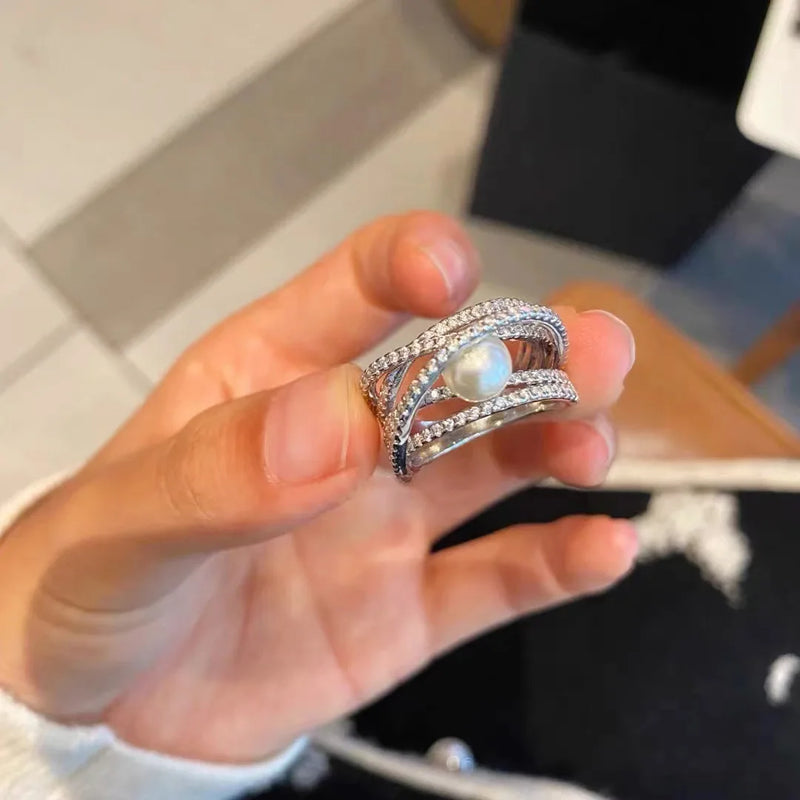 Multilayer Engagement Pearl Ring CZ Silver Female Jewelry