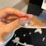 Multilayer Engagement Pearl Ring CZ Silver Female Jewelry