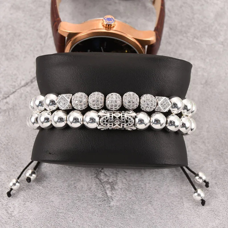 Crown Charm Men Bracelets 8mm Micro Pave CZ Round Braided Macrame Bracelet