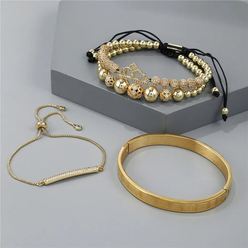 Crown Zircon Bracelet Set Stainless Steel Roman Numerals Bracelet