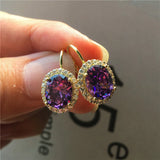 Crystal Female Small Oval Earrings Silver Clip Earrings Red Purple Stone