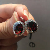 Crystal Female Small Oval Earrings Silver Clip Earrings Red Purple Stone