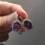 Crystal Female Small Oval Earrings Silver Clip Earrings Red Purple Stone