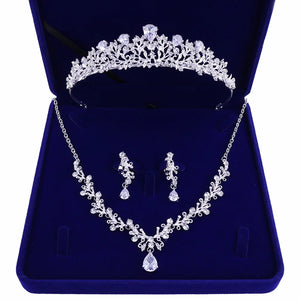 Crystal Leaf Bridal Jewelry Set Rhinestone Crown Necklace Earring