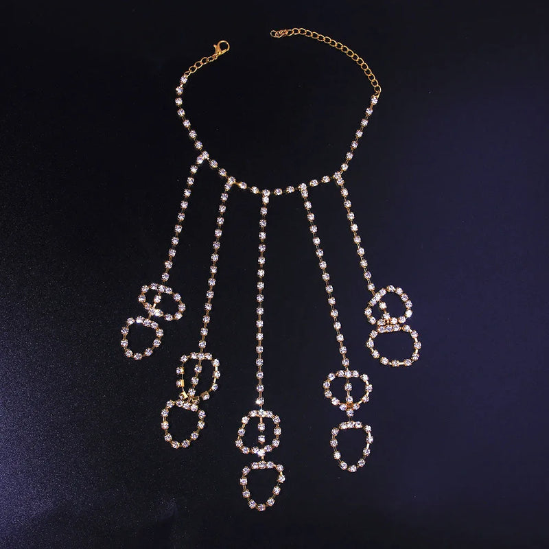 Crystal Rhinestone Tassel Hand Chain Ring Bracelet Slave Full Fingers Chain