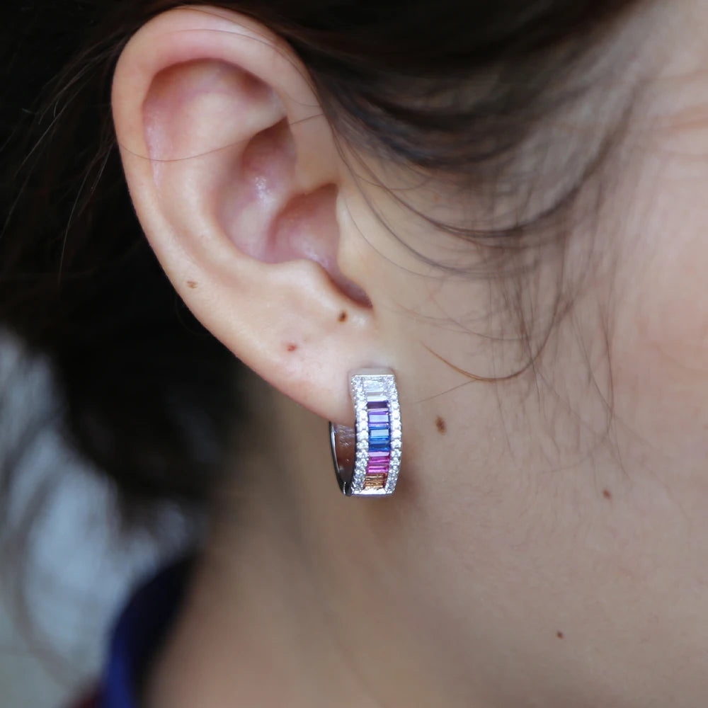 Crystal Rectangle Hoop Earrings Rainbow CZ Wedding Brincos Party