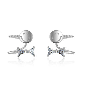 Crystal Bow Smile Face Clip Earrings 925 Silver Fine Jewelry