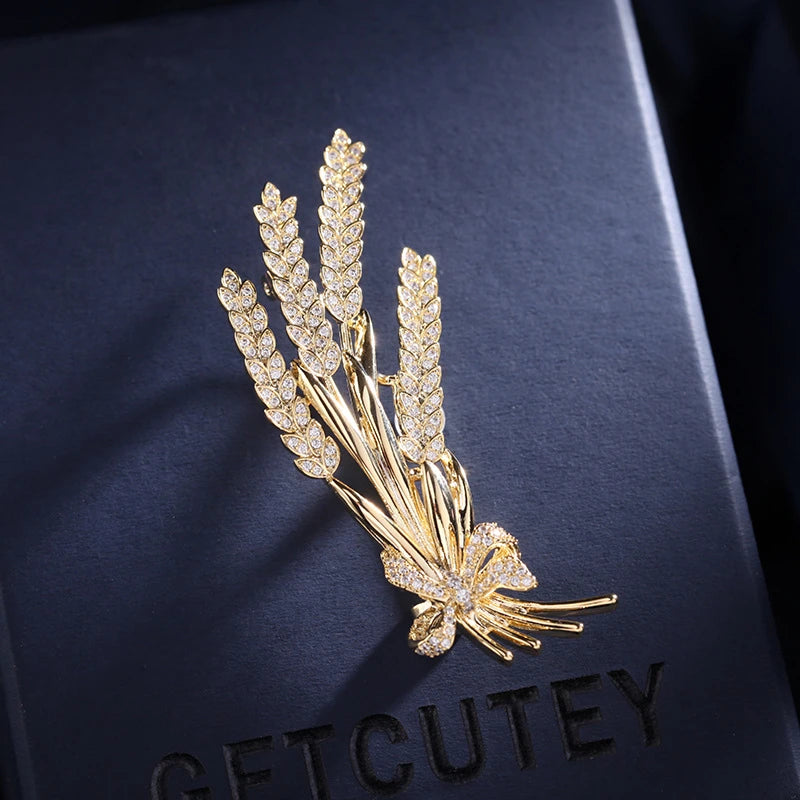CZ Wheat Ear Brooch Pins for Women Costume Jewelry Wedding Bouquet Corsage Pin