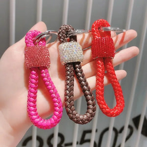 Pink Crystal Car Keyring Lanyard Hand-woven Keychain