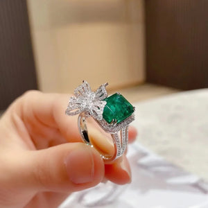 Butterfly Ring Princess Cut Simulation Emerald Silver Ring Wedding Engagement
