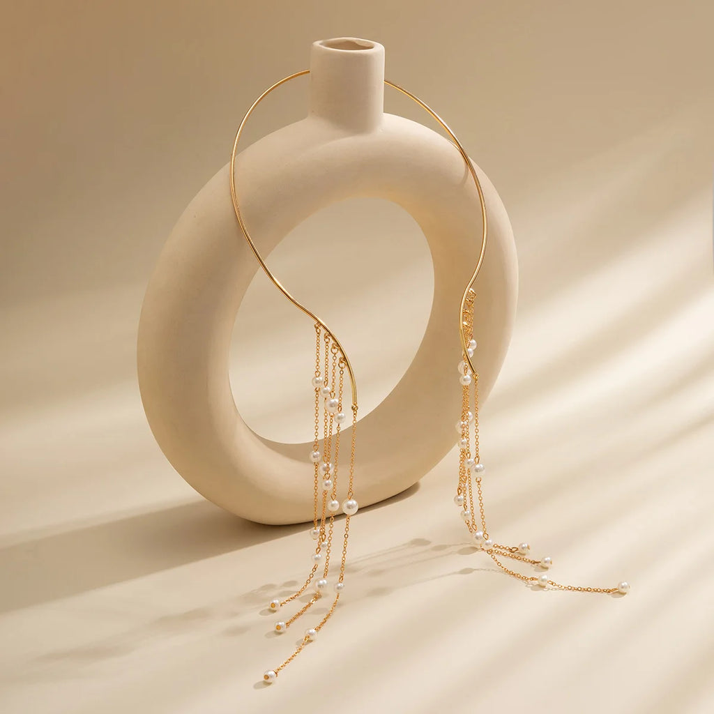 Pearl Long Tassels Torques Necklace For Women Jewelry