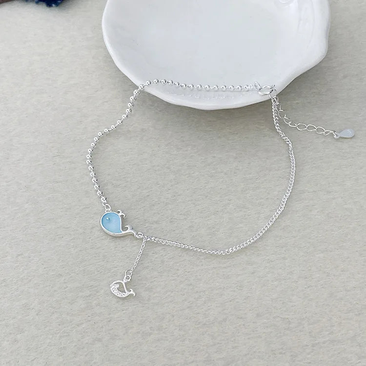 925 Sterling Silver Ankle Bracelet Whale Dolphin Decorative Lady Anklet