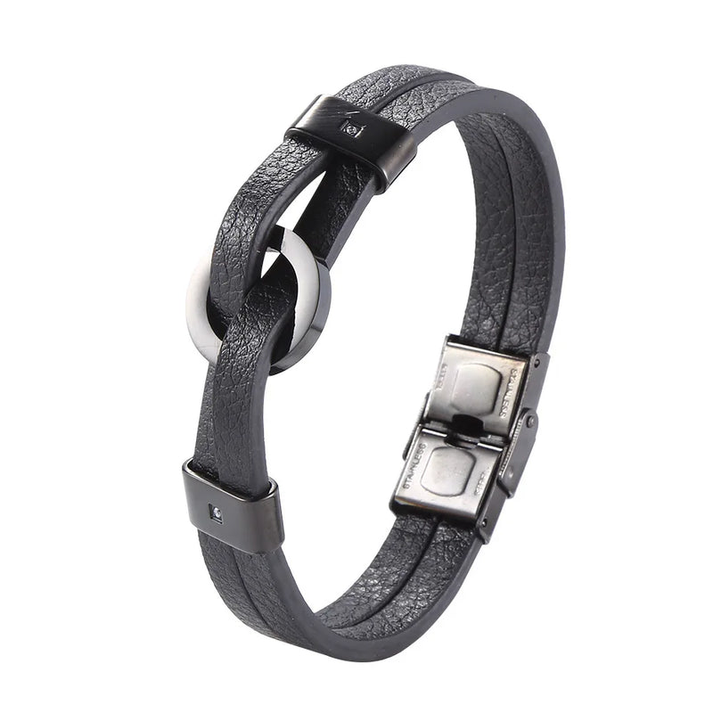 Double Layer Circle Stainless Steel Men's Leather Bracelet