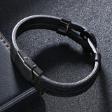 Double Layer Circle Stainless Steel Men's Leather Bracelet