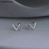 W Letter 925 Silver Studs Earrings with Zircon, Women's Silver Jewelry
