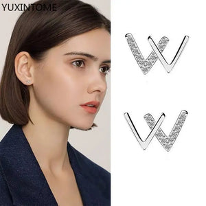W Letter 925 Silver Studs Earrings with Zircon, Women's Silver Jewelry