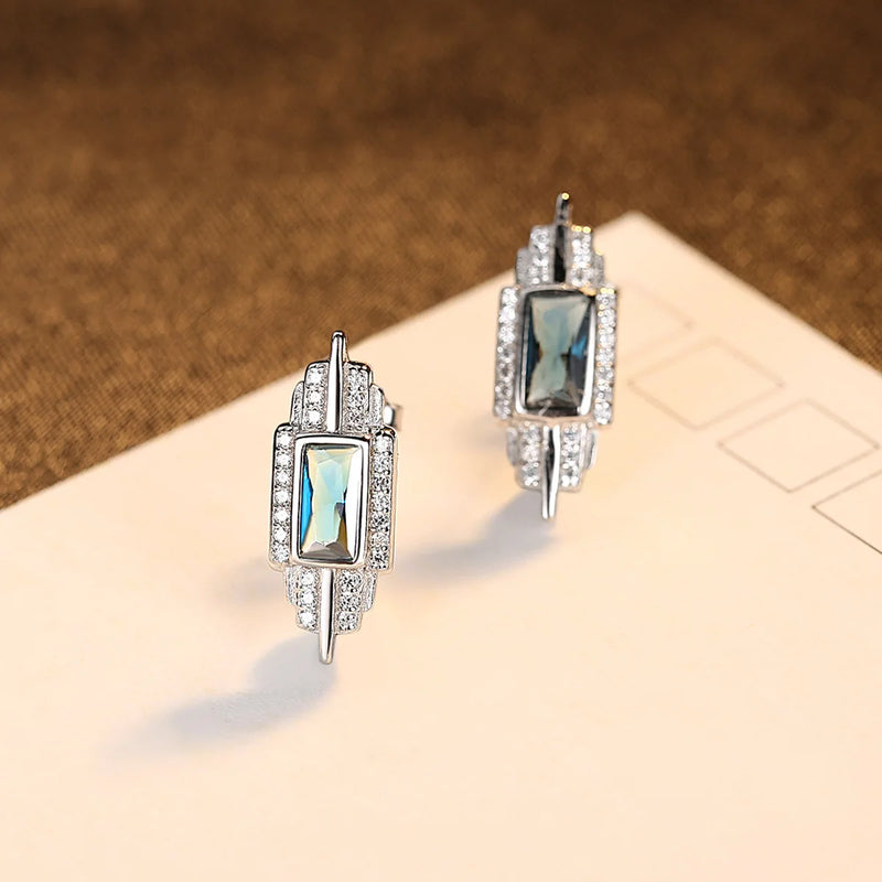 925 Sterling Silver Stud Earrings Colored Gemstone Rectangular Eardrop Gift